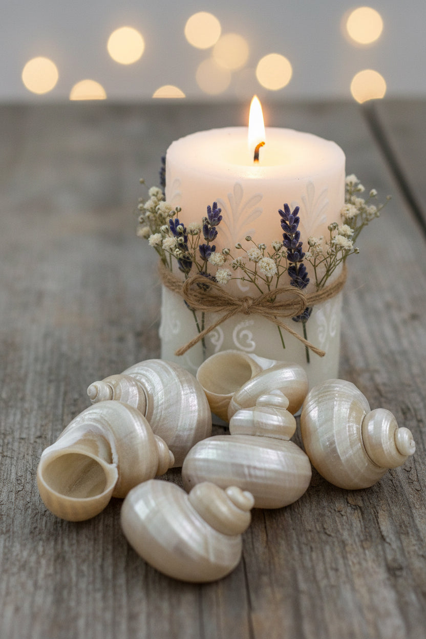 Six natural freshwater snail shells with iridescent, ribbed cream and beige tones, arranged on a dark brown wood-grain surface.